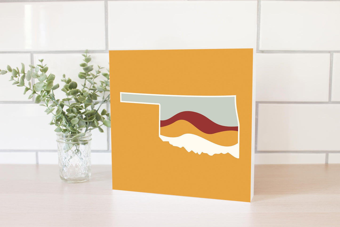 Modern Minimalist Oklahoma Orange Retro State Shape With Hills | Wood Block | Eaches | Min 2