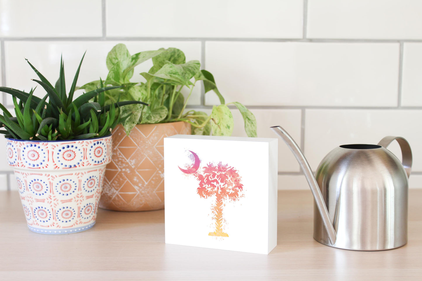 South Carolina Pink Water Color Palm Trees On White | Wood Block | Eaches | Min 4