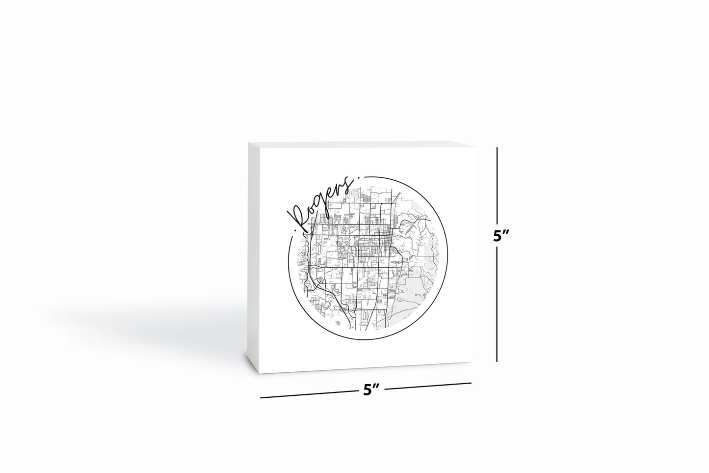 Minimalist B&W Arkansas Rogers Circle Map | Wood Block | Eaches | Min 4