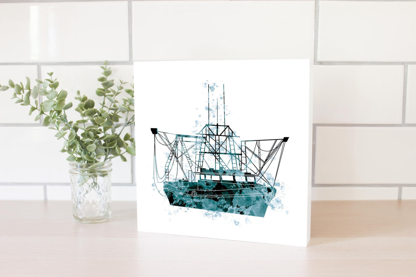 Blue White Water Color Shrimp Boat | Wood Block | Eaches | Min 2