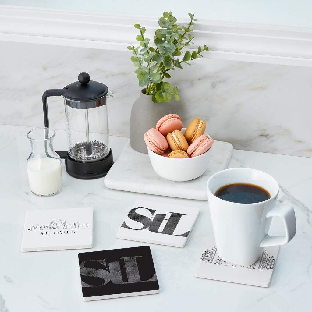 Minimalist B&W Missouri St Louis Line Drawings Stl | Absorbent Coasters | Set of 4 | Min 2