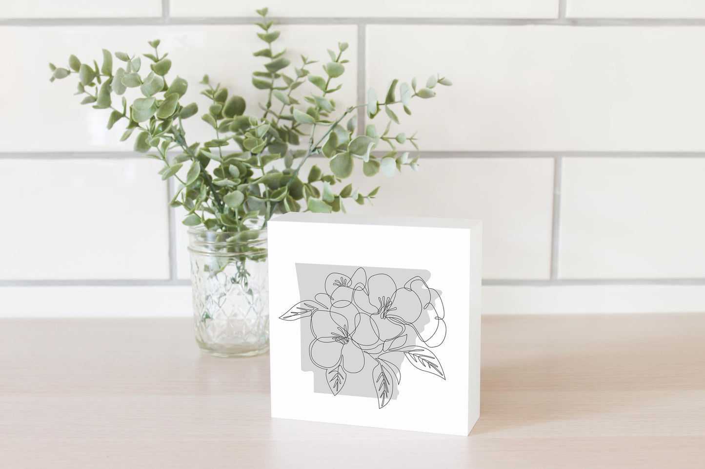 B&W Minimalist Arkansas Single Line Apple Blossoms | Wood Block | Eaches | Min 4