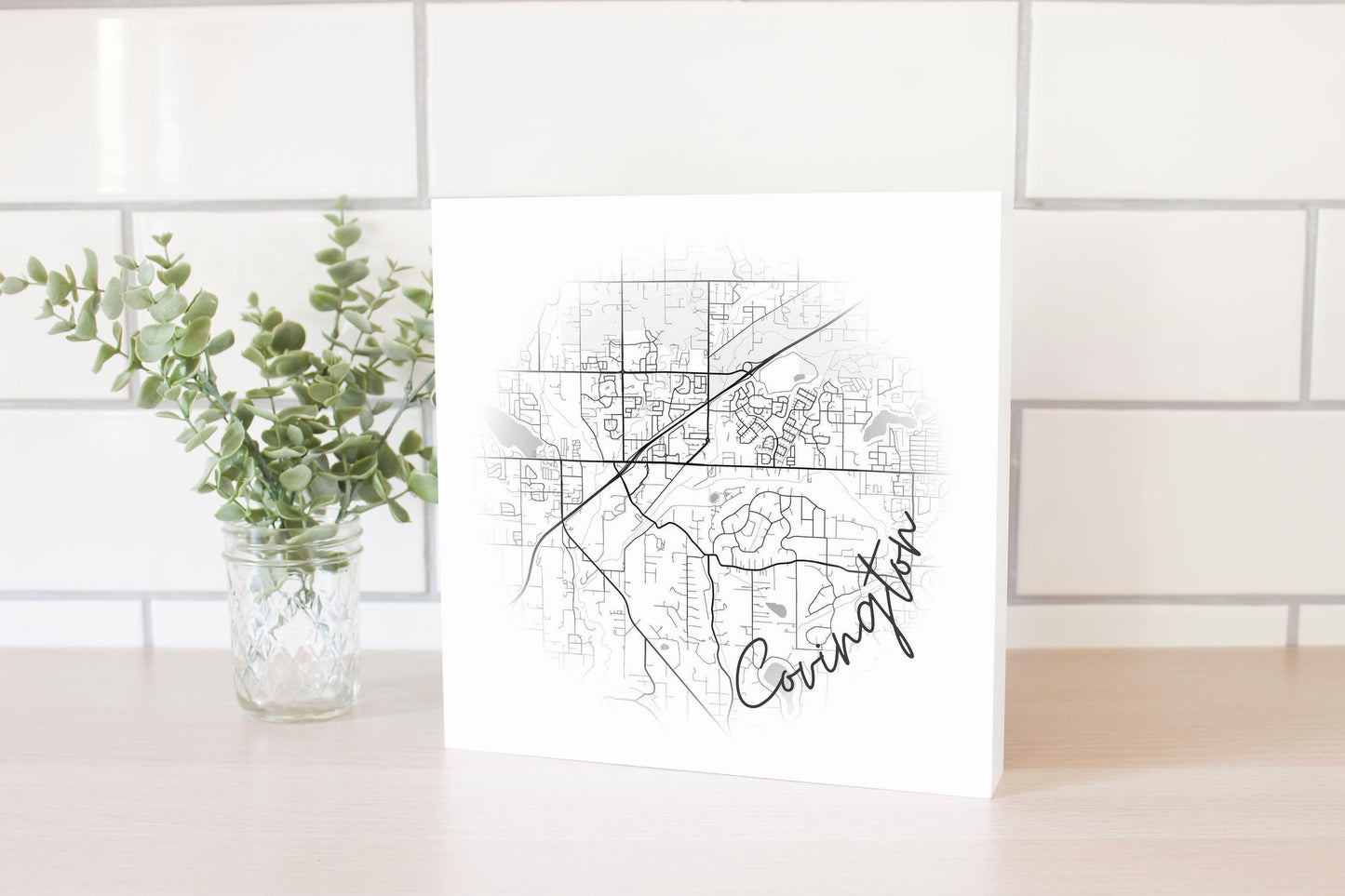 Minimalistic B&W Washington Covington Circle Map | Wood Block | Eaches | Min 2
