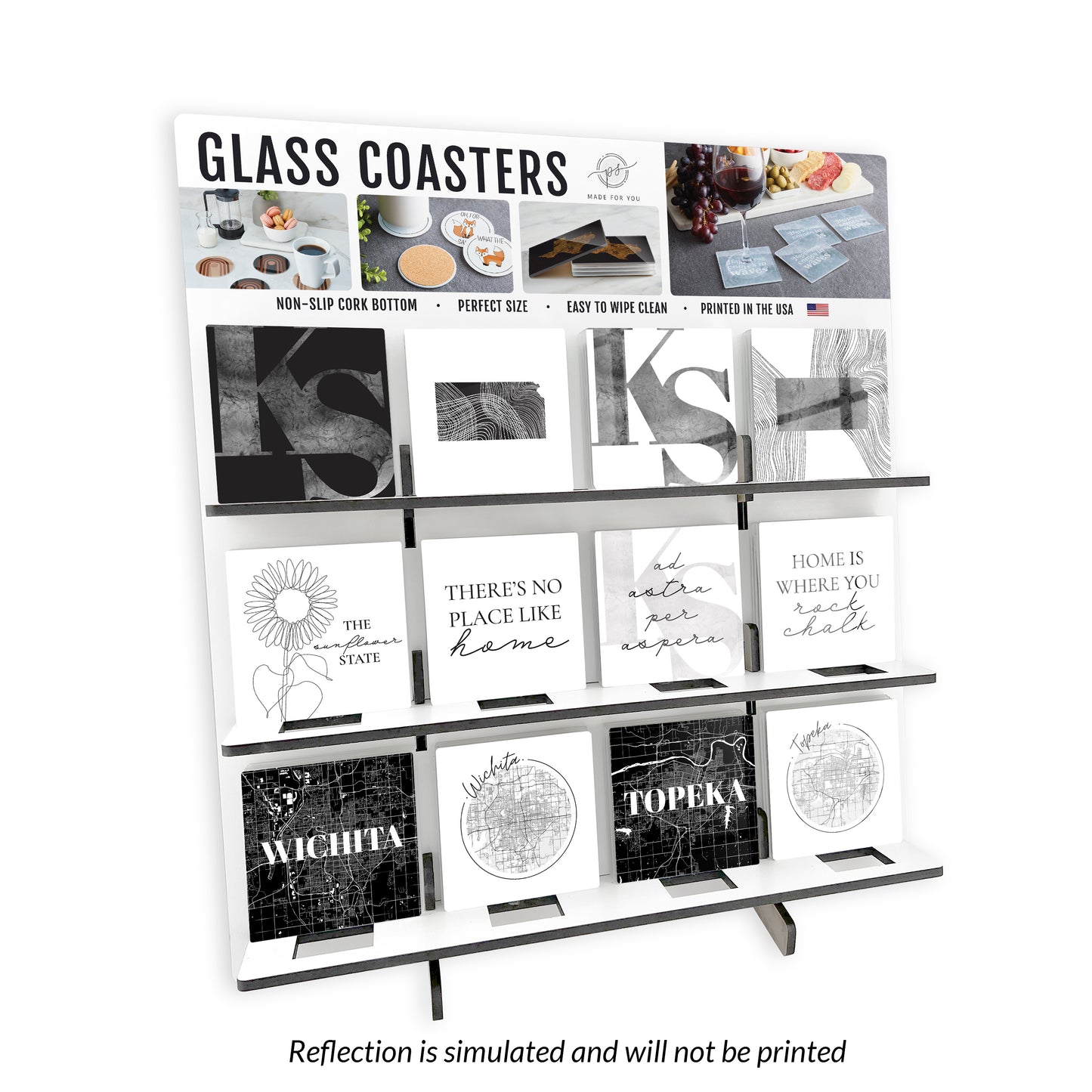 Minimalist B&W Kansas Square Glass Coaster Loaded Display POP Min of 1