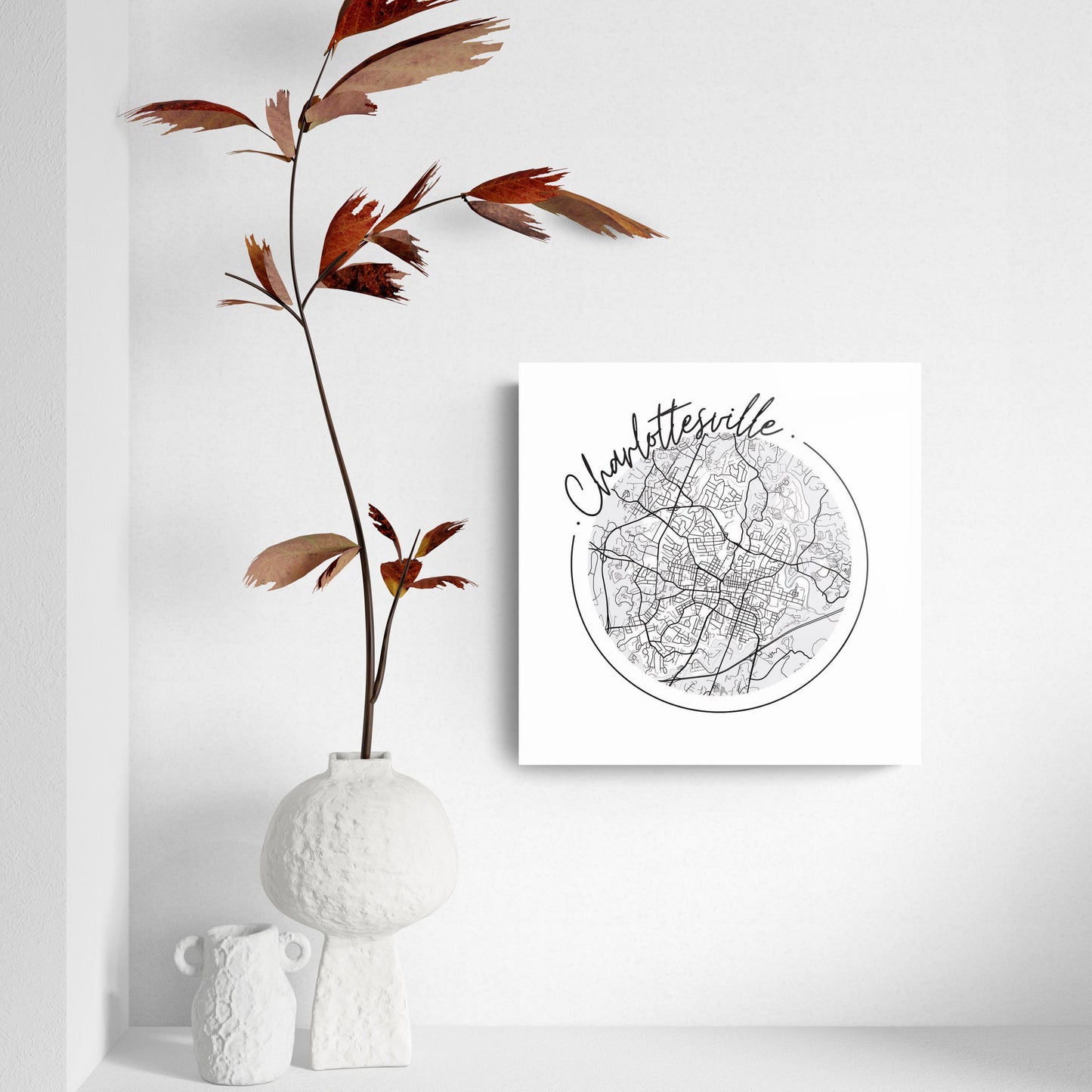 Minimalistic B&W Virginia Charlottesville Circle Map | Hi-Def Glass Art | Eaches | Min 2