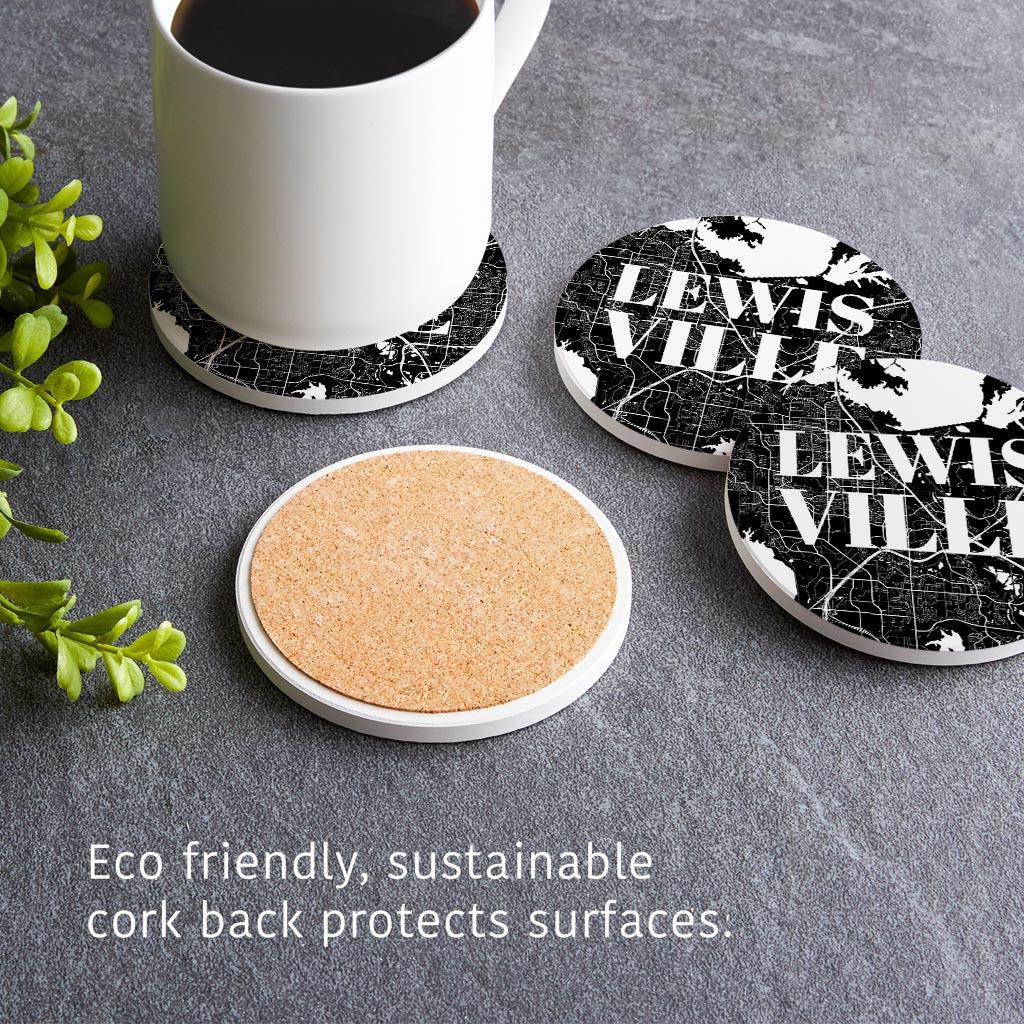 Minimalistic B&W Texas Lewisville Map | Absorbent Coasters | Set of 4 | Min 2