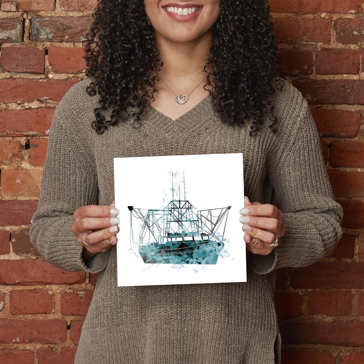 Blue White Water Color Shrimp Boat | Hi-Def Glass Art | Eaches | Min 2