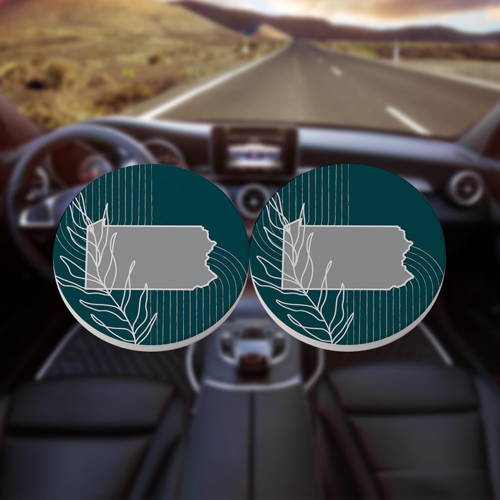 Modern Minimalist Pennsylvania Shape With Leaf | Absorbent Car Coasters | Set of 2 | Min 4