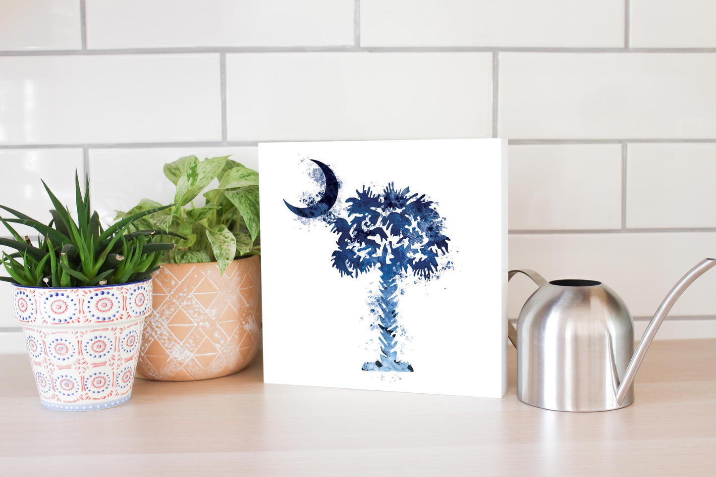 South Carolina Blue Water Color Palm Trees On White | Wood Block | Eaches | Min 2