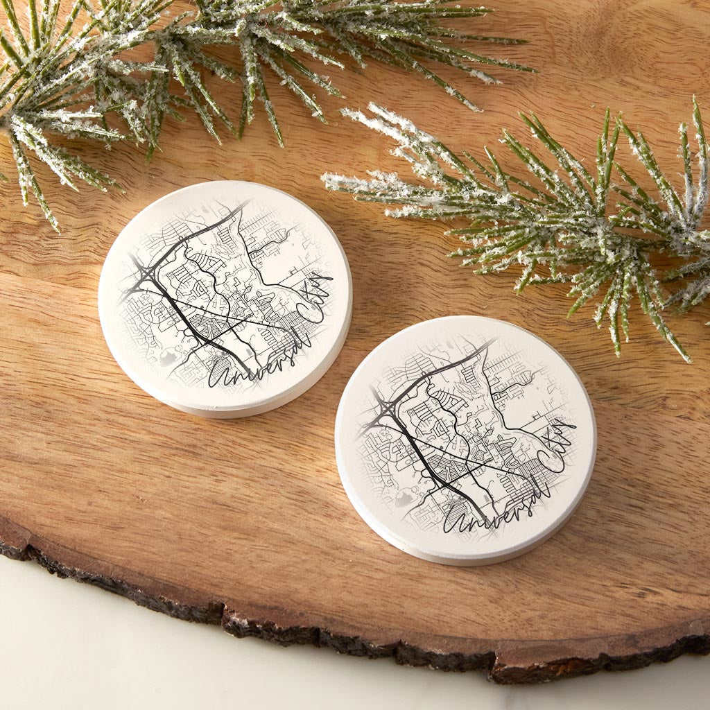 Minimalistic B&W Texas Universal City Circle Map | Absorbent Car Coasters | Set of 2 | Min 4