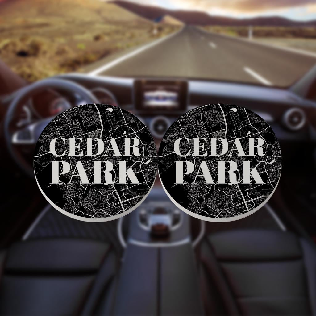 Minimalistic B&W Texas Cedar Park Map | Absorbent Car Coasters | Set of 2 | Min 4