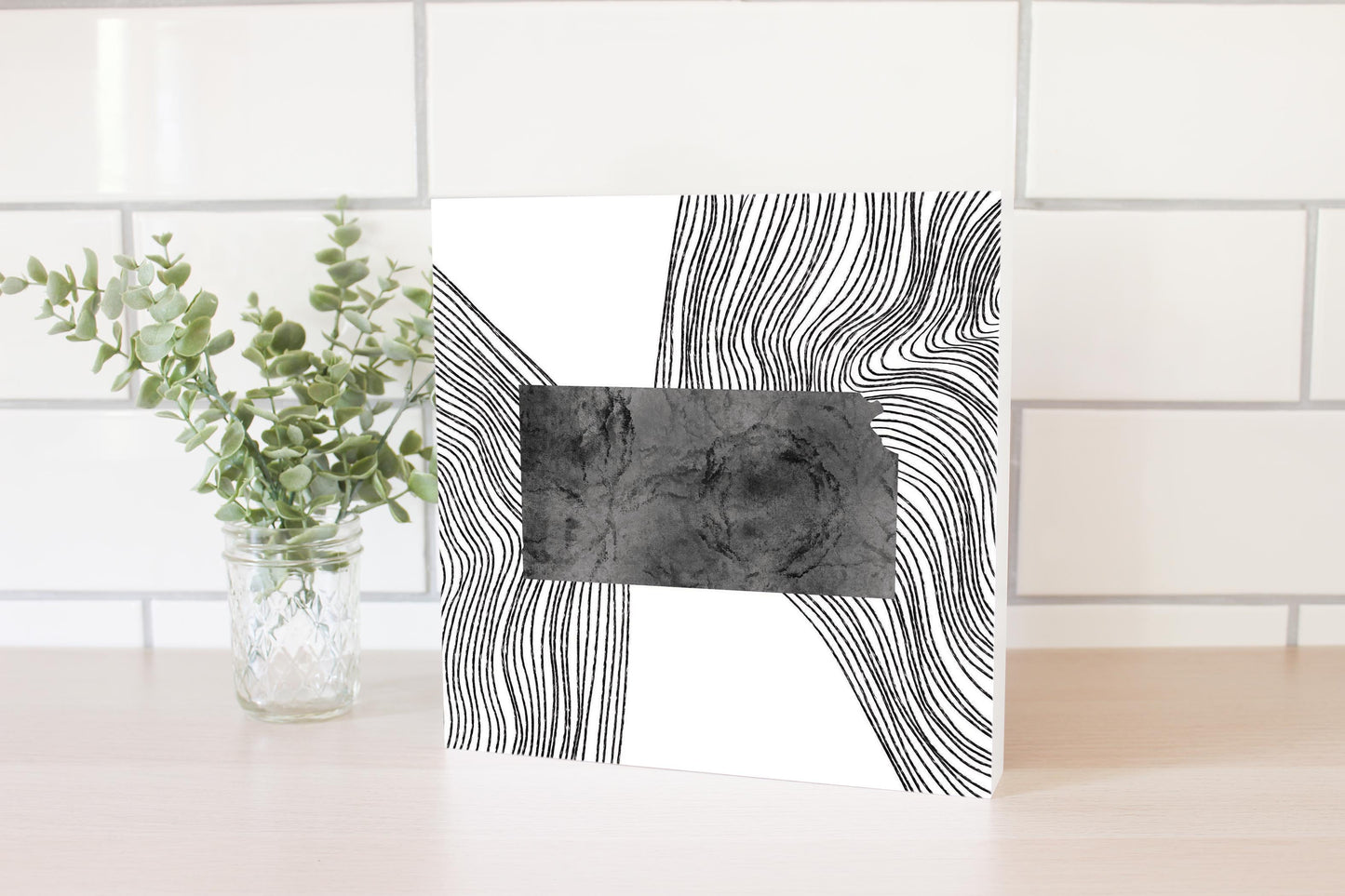 Minimalist B&W Kansas State With Fluid Lines| Wood Block | Eaches | Min 2
