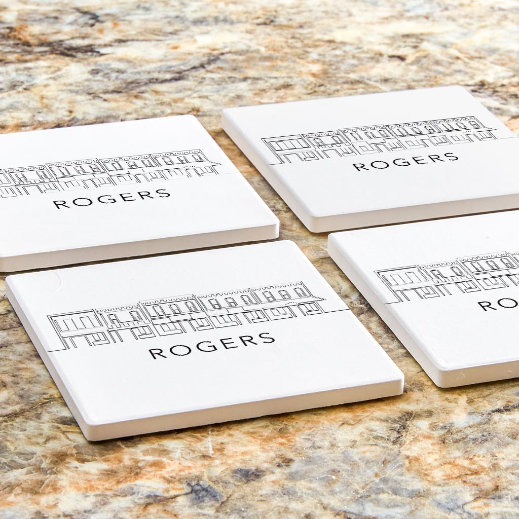 Minimalist B&W Arkansas Rogers Skyline | Absorbent Coasters | Set of 4 | Min 2