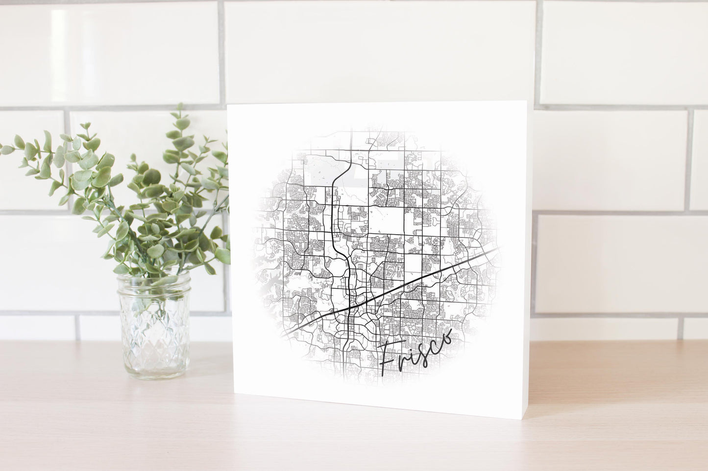 Minimalistic B&W Texas Frisco Circle Map | Wood Block | Eaches | Min 2