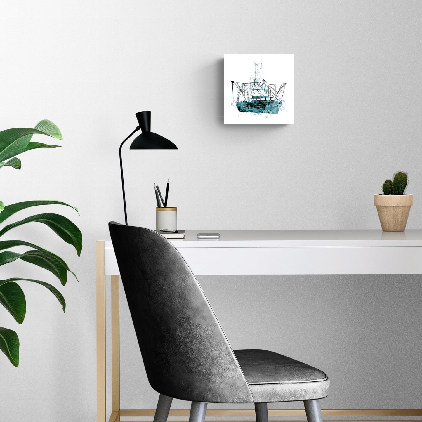 Blue White Water Color Shrimp Boat | Hi-Def Glass Art | Eaches | Min 2