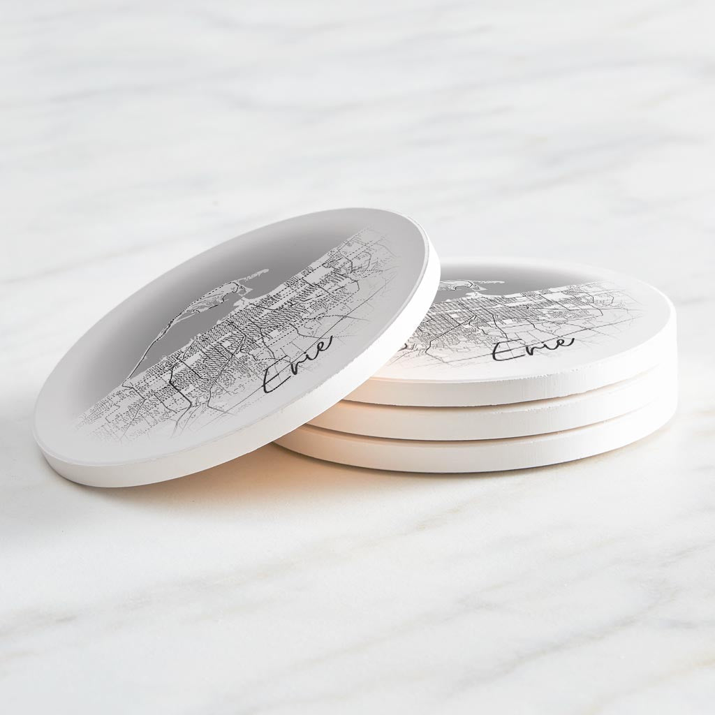 Minimalistic B&W Pennsylvania Erie Circle Map | Absorbent Coasters | Set of 4 | Min 2