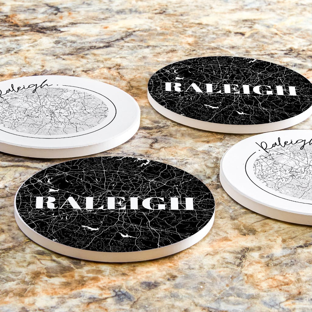 Minimalistic B&W North Carolina Raleigh Maps | Absorbent Coasters | Set of 4 | Min 2