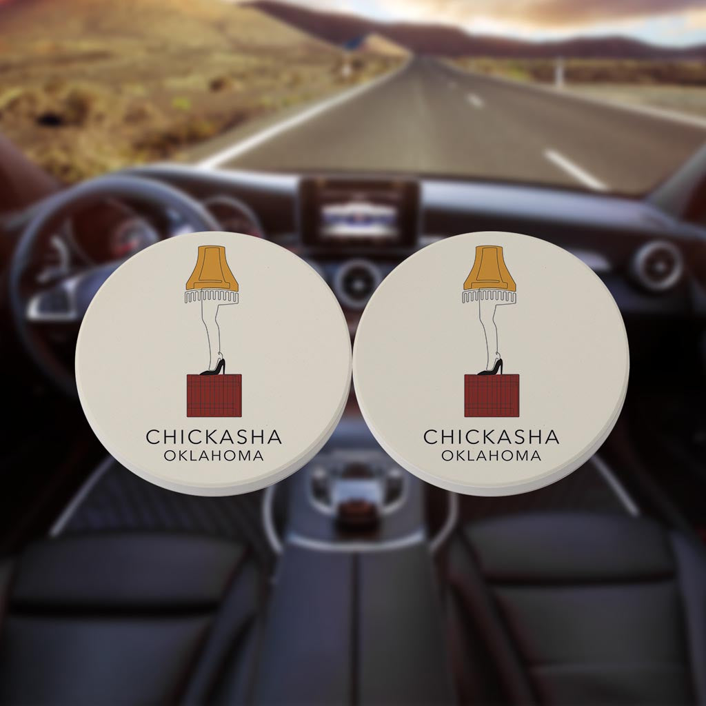 Modern Minimalist Oklahoma Colorful Chickasha Leg Lamp | Absorbent Car Coasters | Set of 2 | Min 4