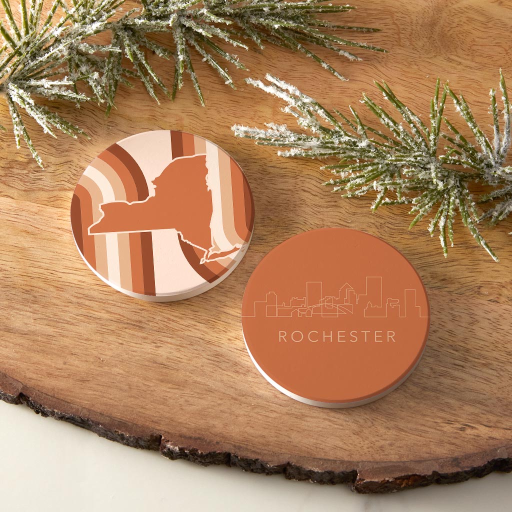 Modern Minimalist New York State Rochester Skyline| Absorbent Car Coasters | Set of 2 | Min 4