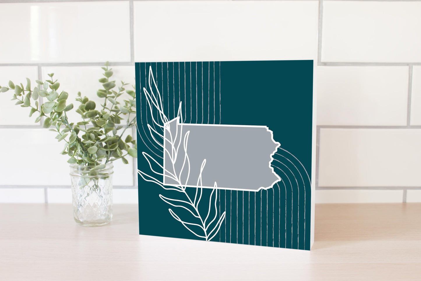 Modern Minimalist Pennsylvania Shape With Leaf | Wood Block | Eaches | Min 2