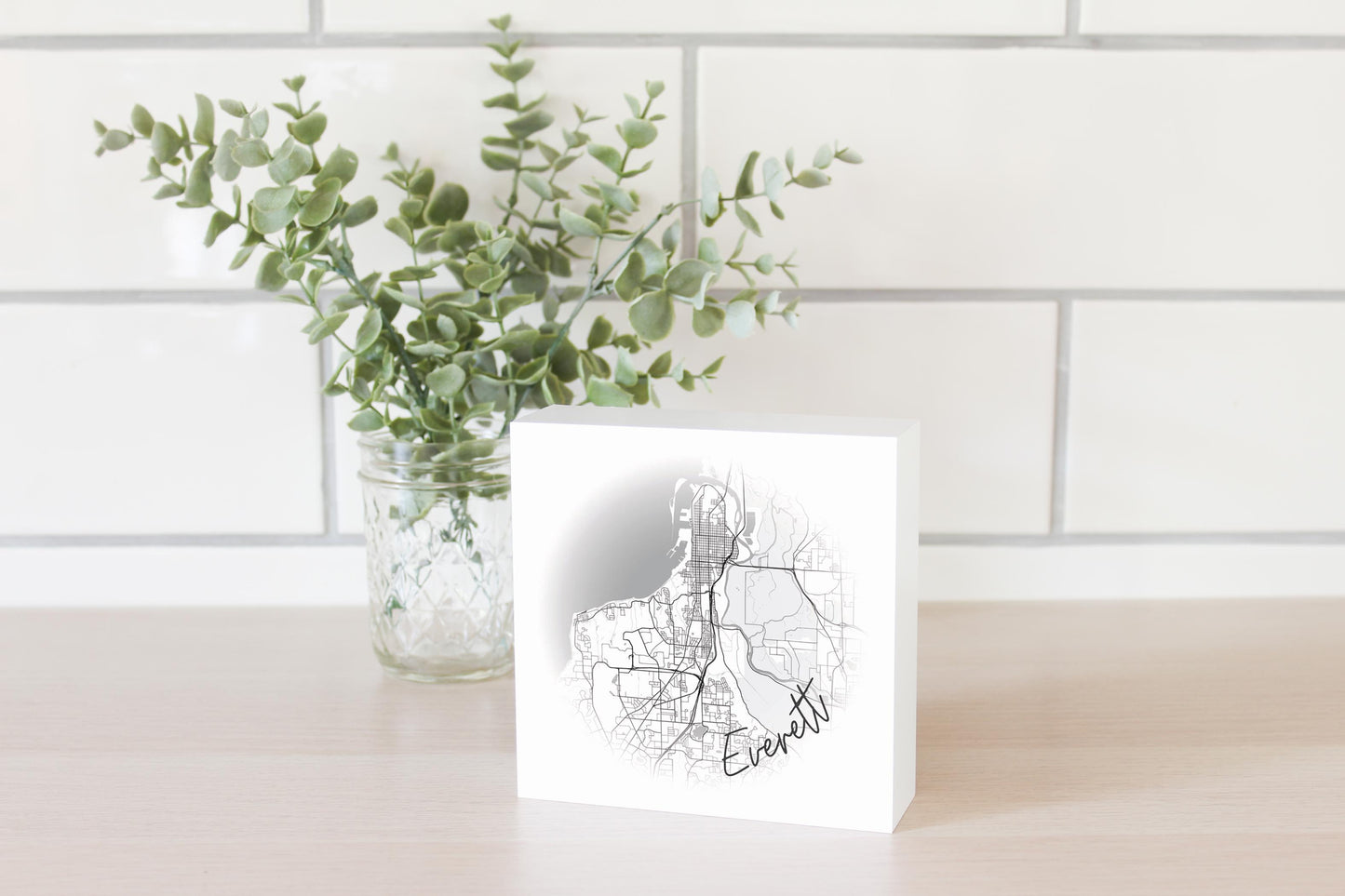 Minimalistic B&W Washington Everett Circle Map | Wood Block | Eaches | Min 4