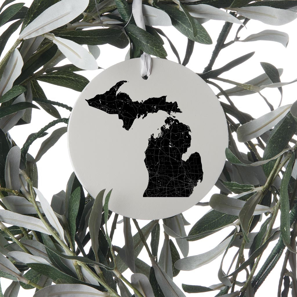 Minimalistic B&W Michigan Map Petoskey Star | Wood Ornament | Eaches | Min 6