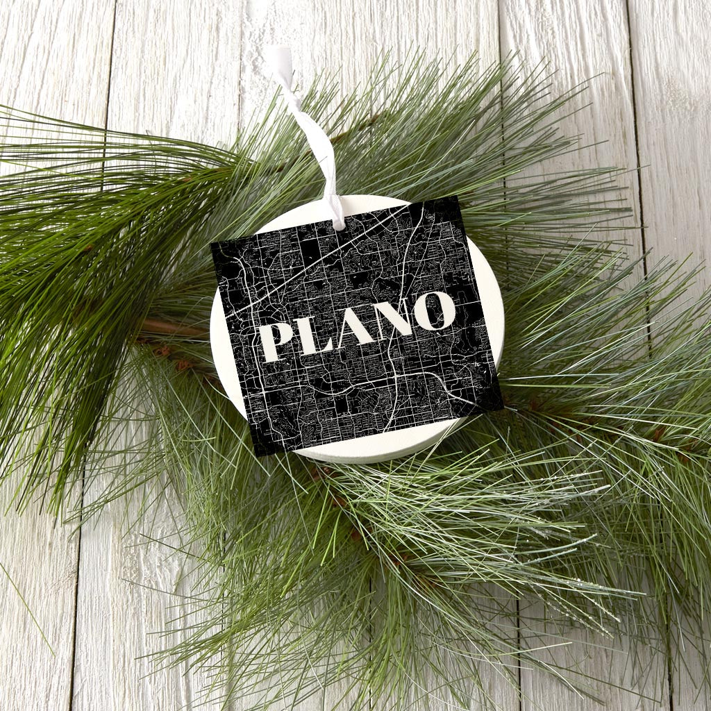 Minimalistic B&W Texas Plano Map | Wood Ornament | Eaches | Min 6