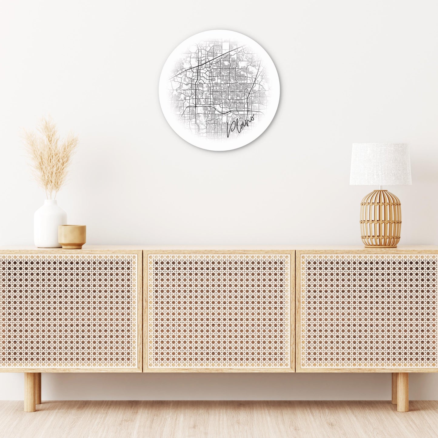 Minimalistic B&W Texas Plano Circle Map | Wood Sign | Eaches | Min 1