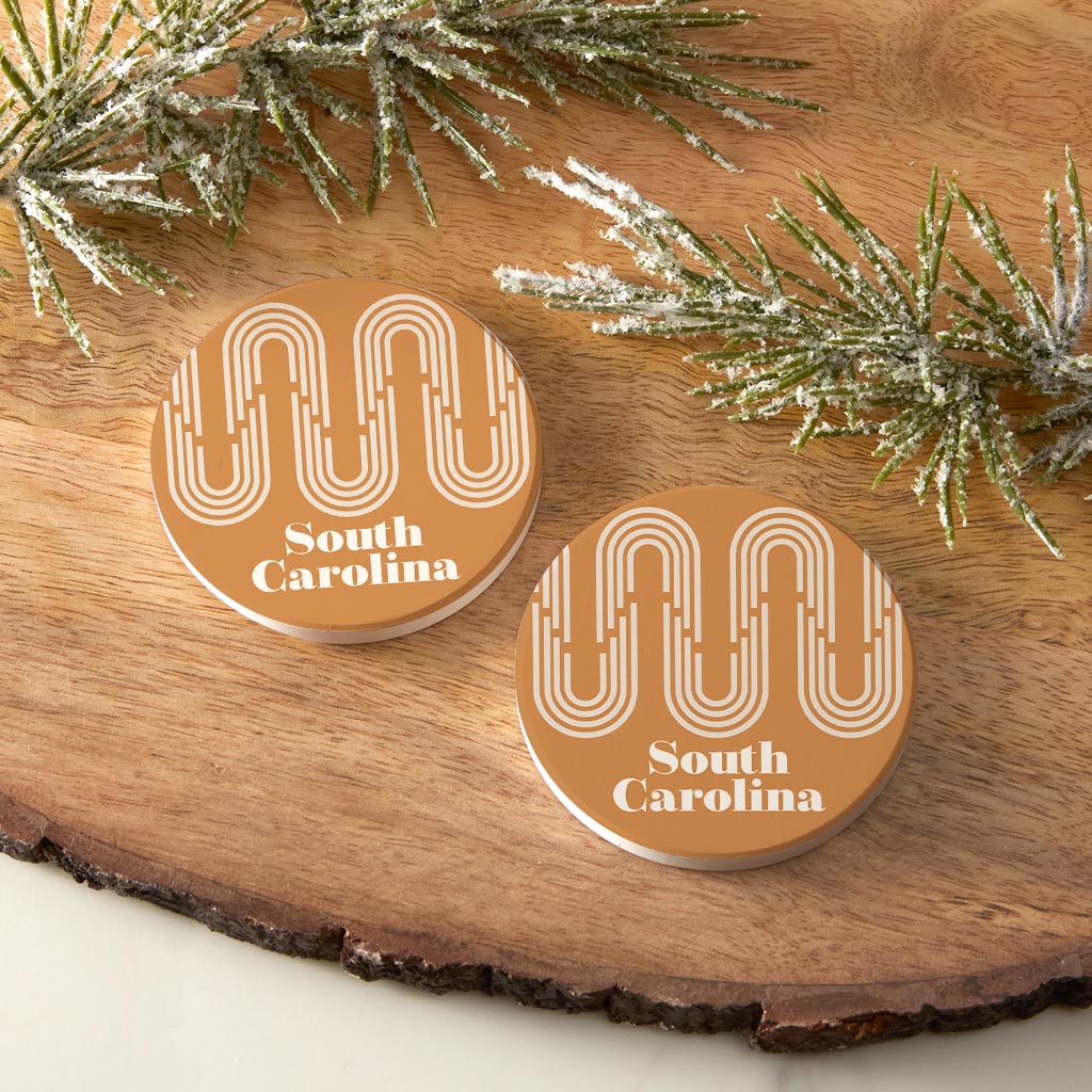 Vintage Groove Yellow Wave Lines South Carolina| Absorbent Car Coasters | Set of 2 | Min 4
