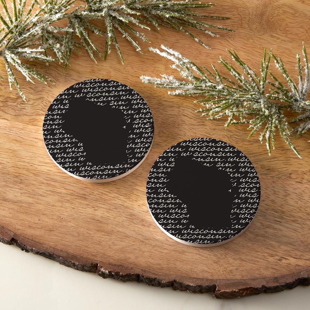Black And White State Script Wisconsin | Absorbent Car Coasters | Set of 2 | Min 4
