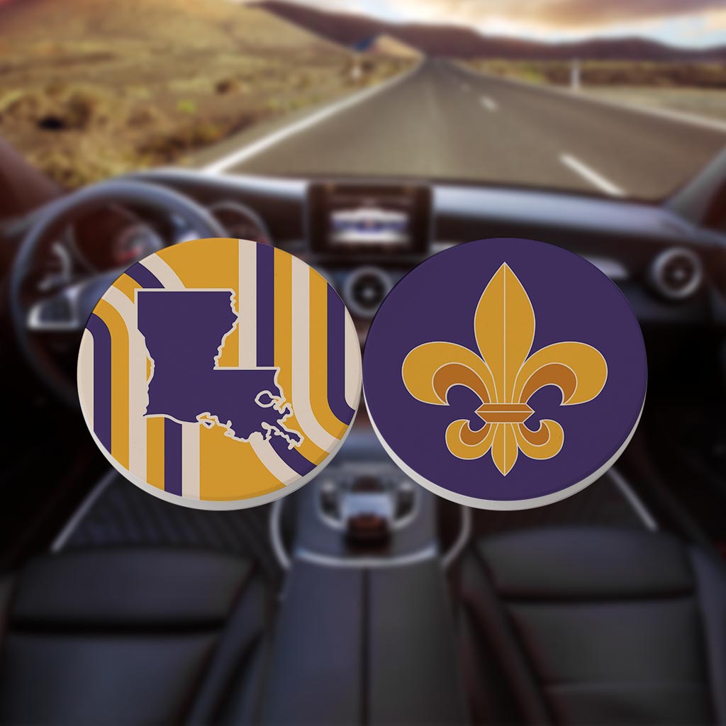 Purple Gold Louisiana Retro Set | Absorbent Car Coasters | Set of 2 | Min 4