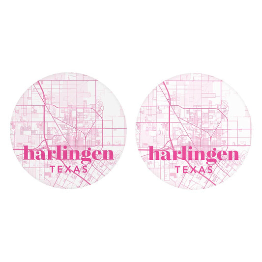 Bright Modern Pink Map Texas Harlingen | Absorbent Car Coasters | Set of 2 | Min 4