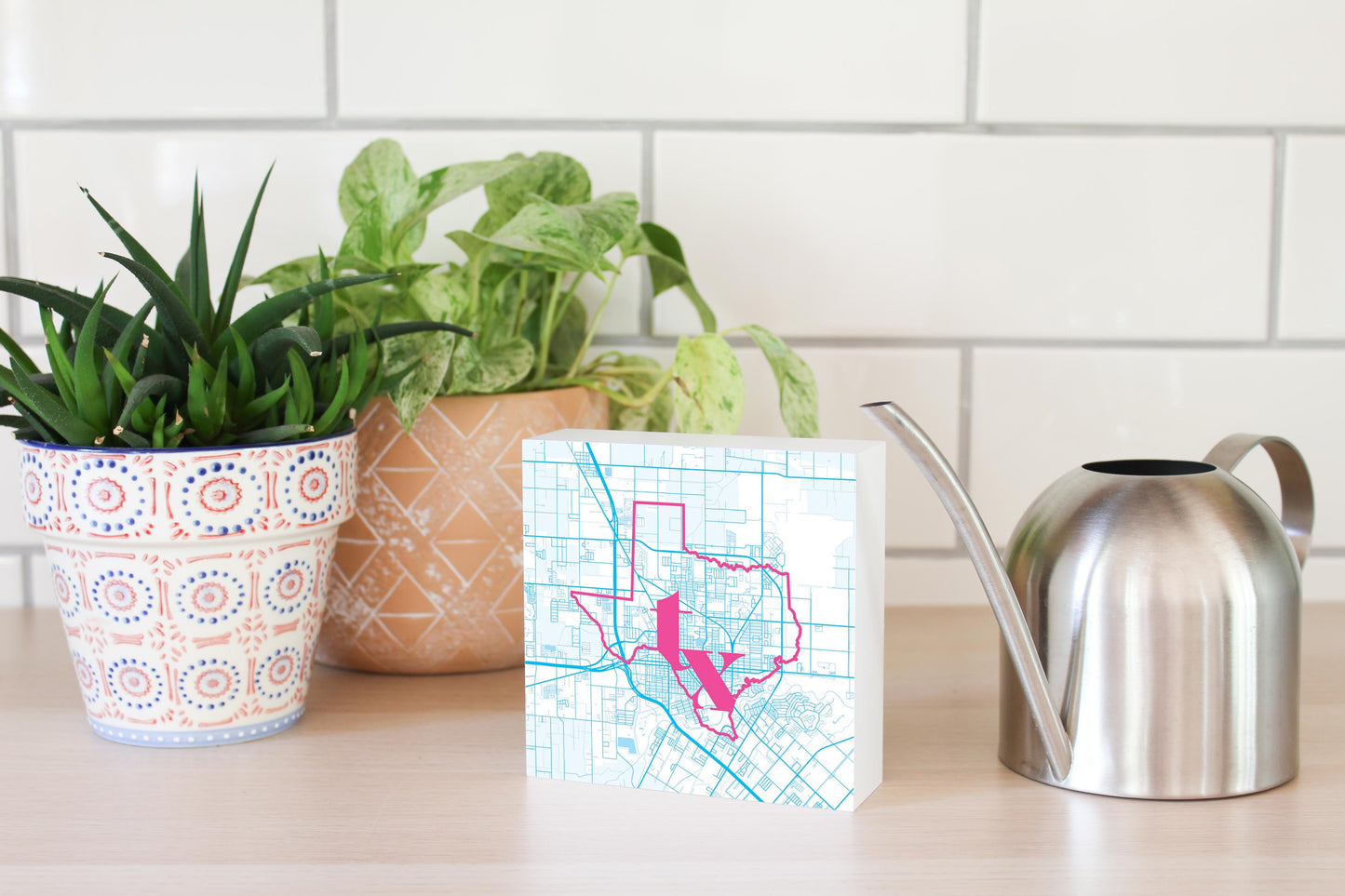 Bright Modern Abbreviated State Map Blue Texas Harlingen | Wood Block | Eaches | Min 4