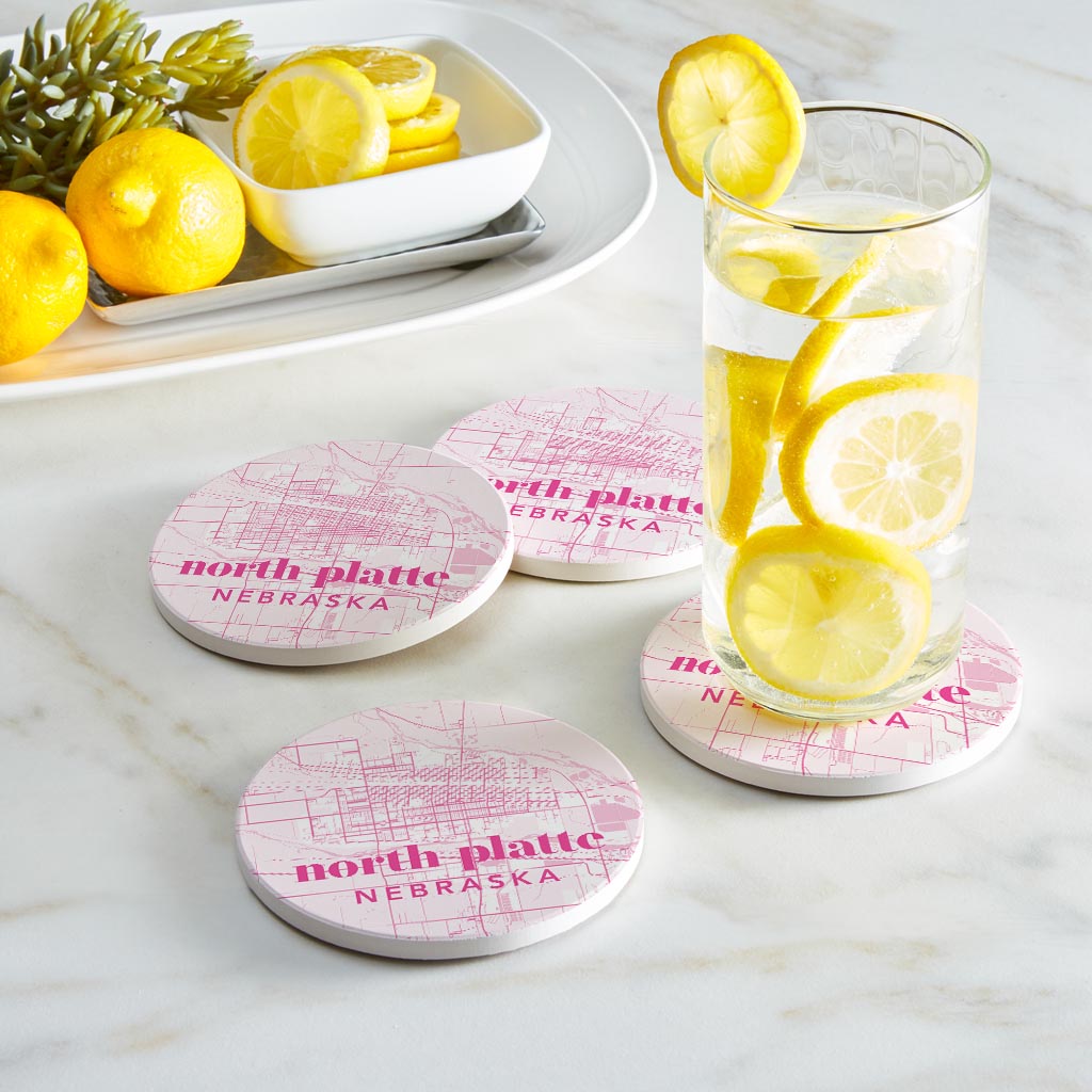 Bright Modern Pink Map Nebraska North Platte | Absorbent Coasters | Set of 4 | Min 2