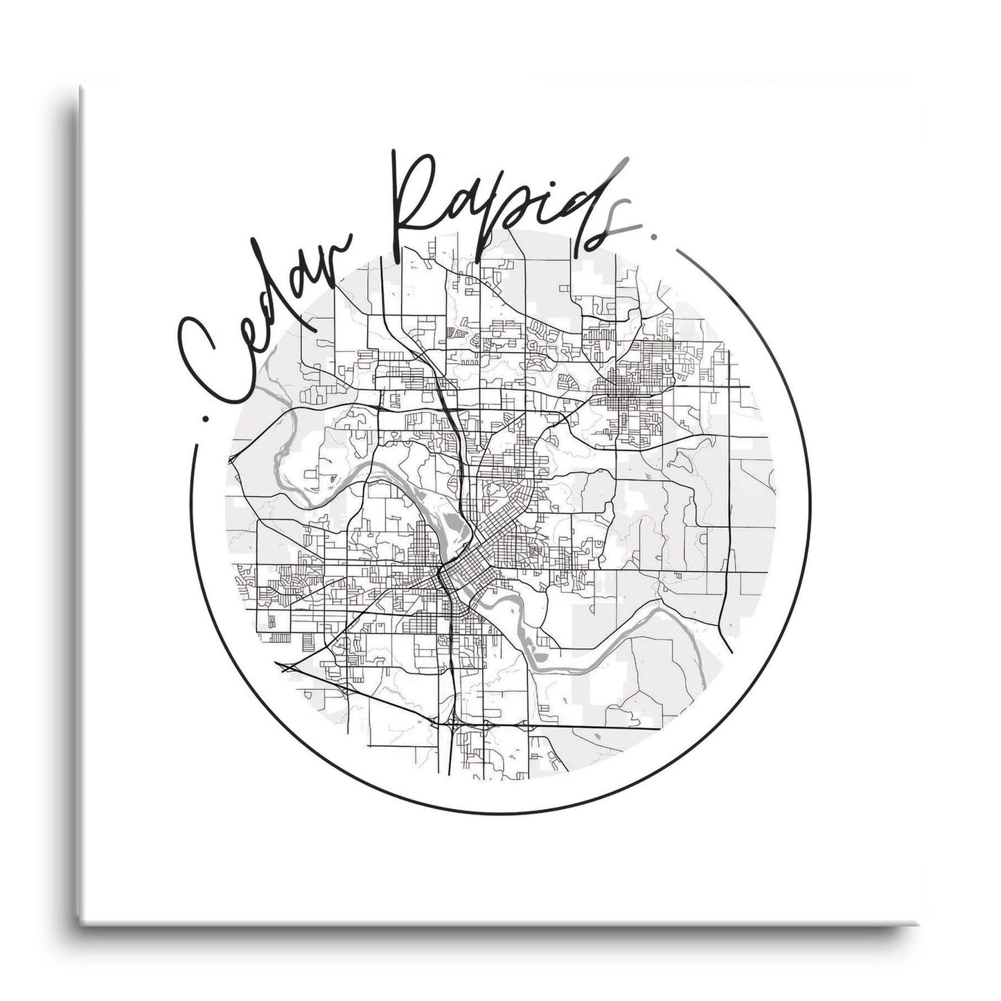 Minimalistic B&W Iowa Cedar Rapids Circle Map 12x12 Glass Pl