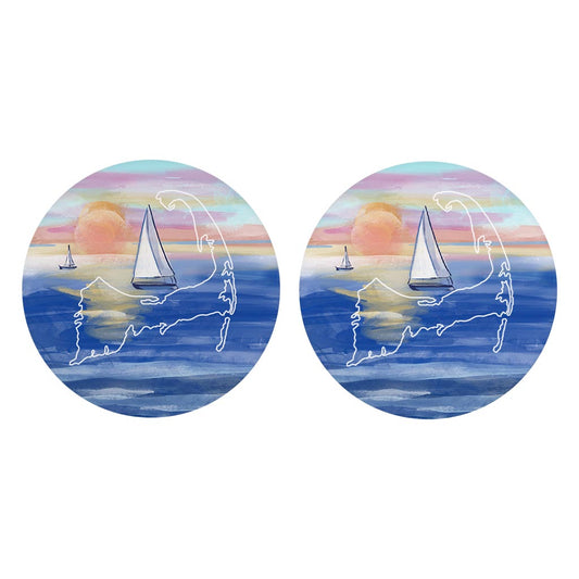 Watercolor Sunset With Sailboats| Absorbent Car Coasters | Set of 2 | Min 4