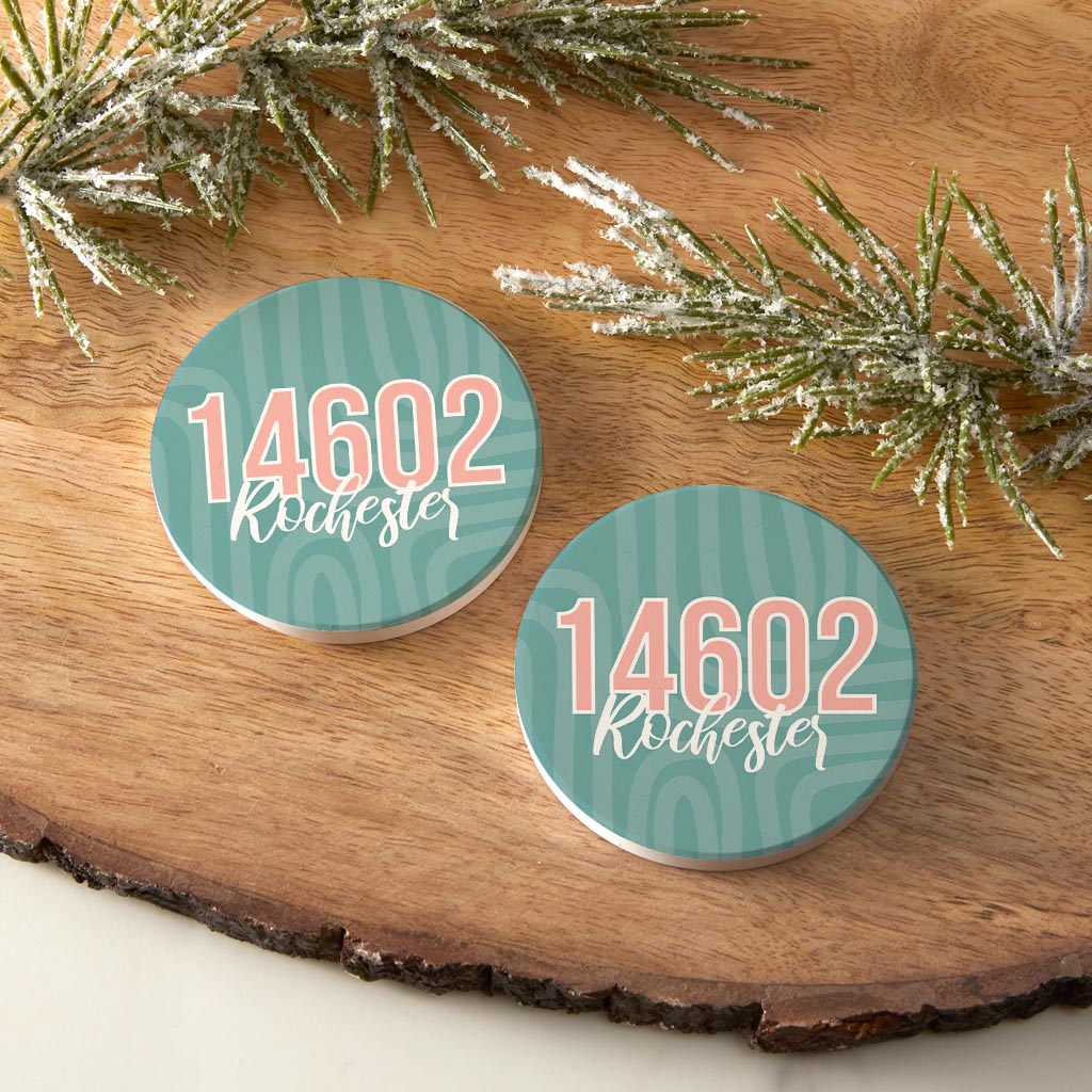 Boho Color City Zip On Blue New York Rochester | Absorbent Car Coasters | Set of 2 | Min 4