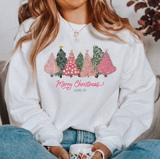 Love+Local Pre-Pack - White Pink Christmas Trees Sweatshirts