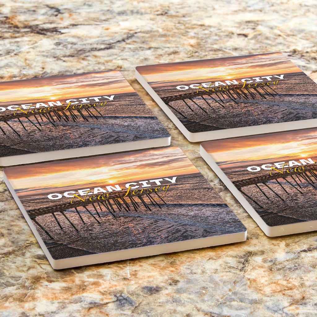 Fishing Pier Sunrise Square Coaster| Absorbent Coasters | Set of 4 | Min 2