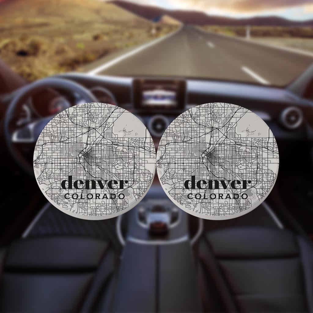 Black And White White Map Colorado Denver | Absorbent Car Coasters | Set of 2 | Min 4
