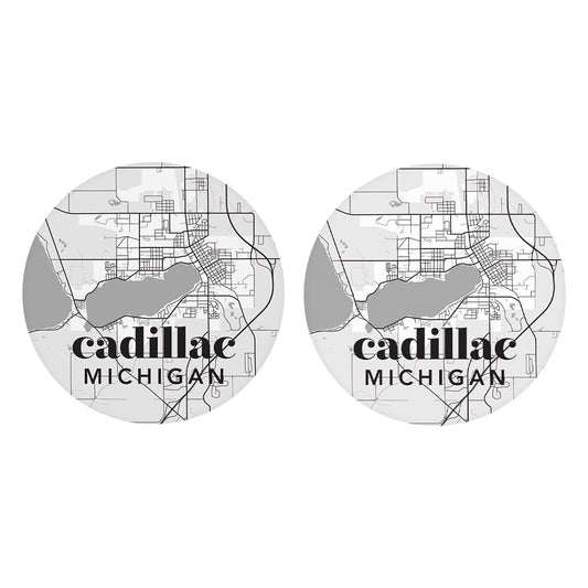 Black And White White Map Michigan Cadillac| Absorbent Car Coasters | Set of 2 | Min 4