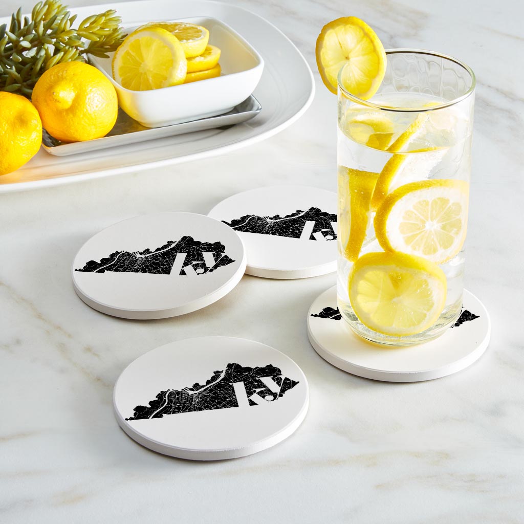 Black And White Abbreviated State Map White Kentucky| Absorbent Coasters | Set of 4 | Min 2