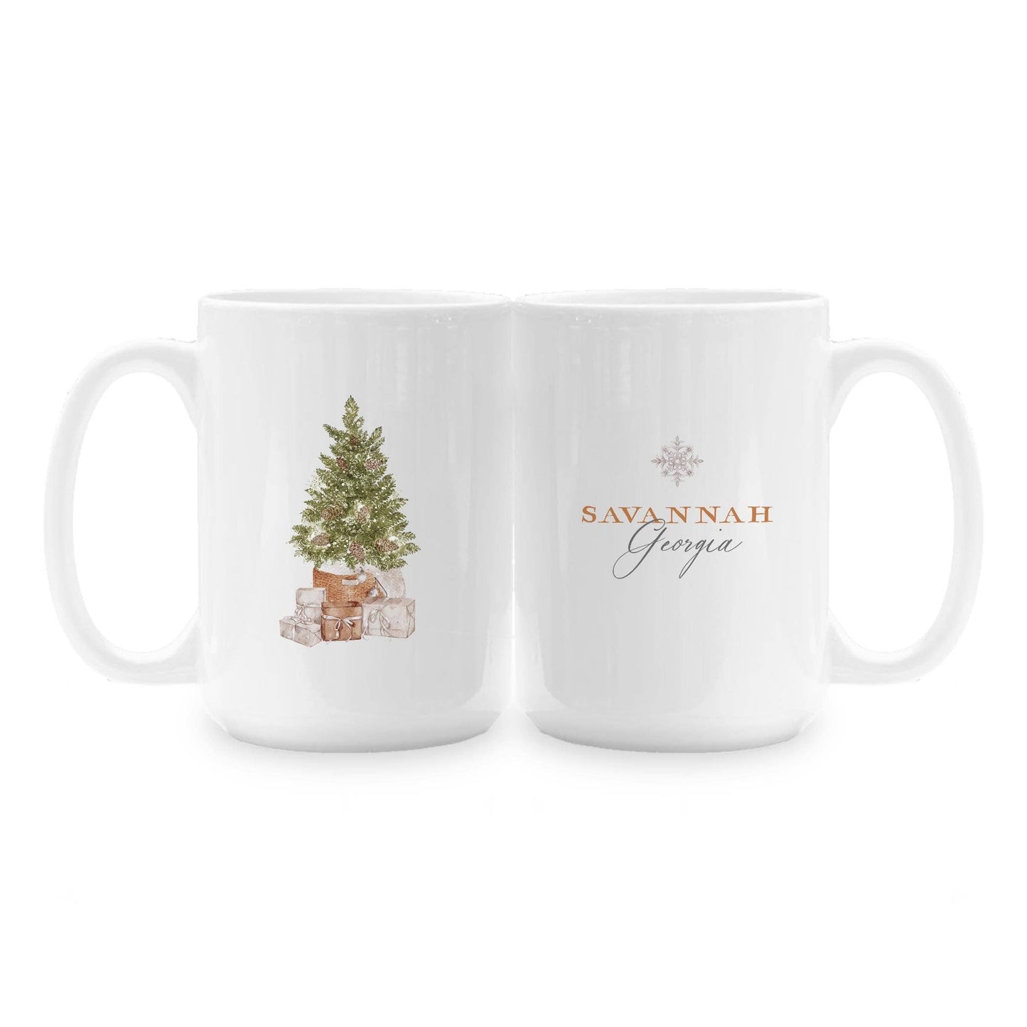15oz Custom Ceramic Coffee Mug Christmas Cottage Tree Detail
