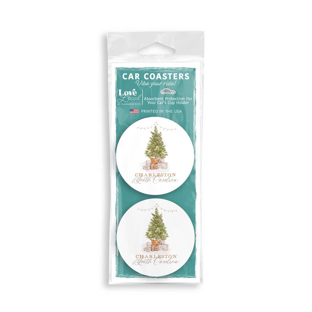 Car Coaster Set of 2, Cottage Christmas Tree, Name Drop