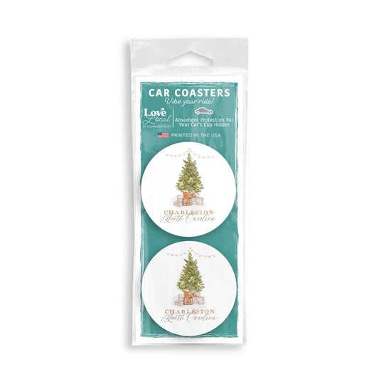 Car Coaster Set of 2, Cottage Christmas Tree, Name Drop