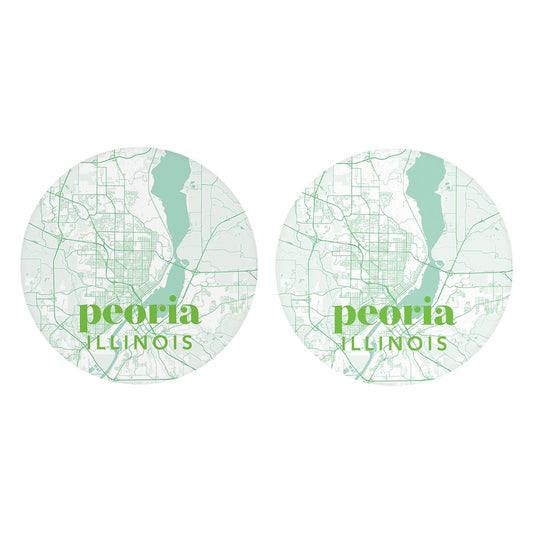 Bright Modern Green Map Illinois Peoria| Absorbent Car Coasters | Set of 2 | Min 4