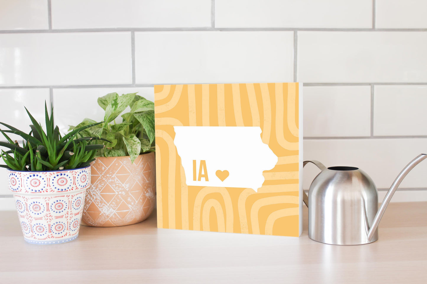 Boho Color Heart State On Yellow Iowa | Wood Block | Eaches | Min 2