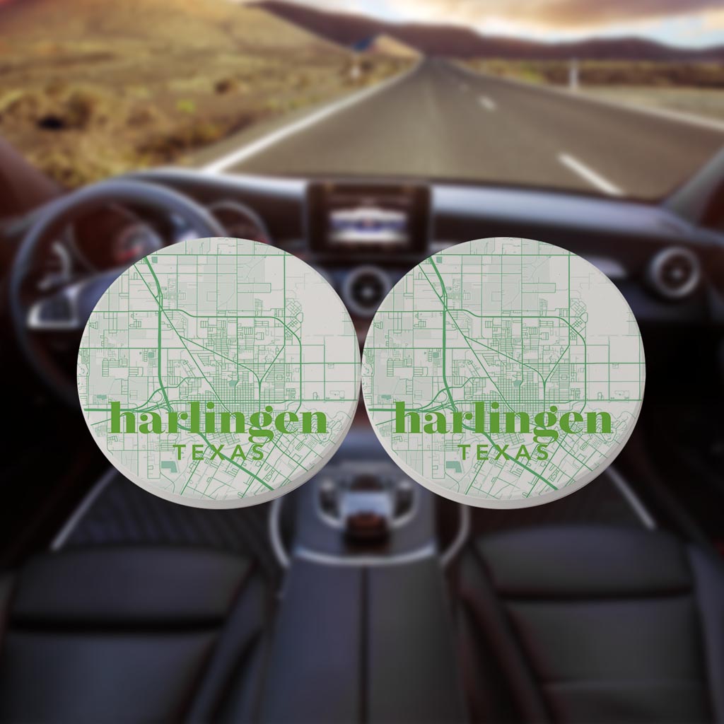 Bright Modern Green Map Texas Harlingen | Absorbent Car Coasters | Set of 2 | Min 4