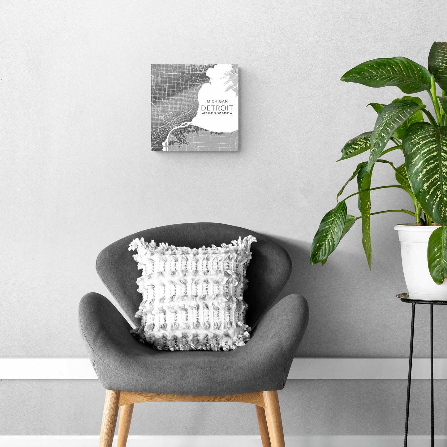 Grey Detroit Michigan Map & Coordinates | 12x12
