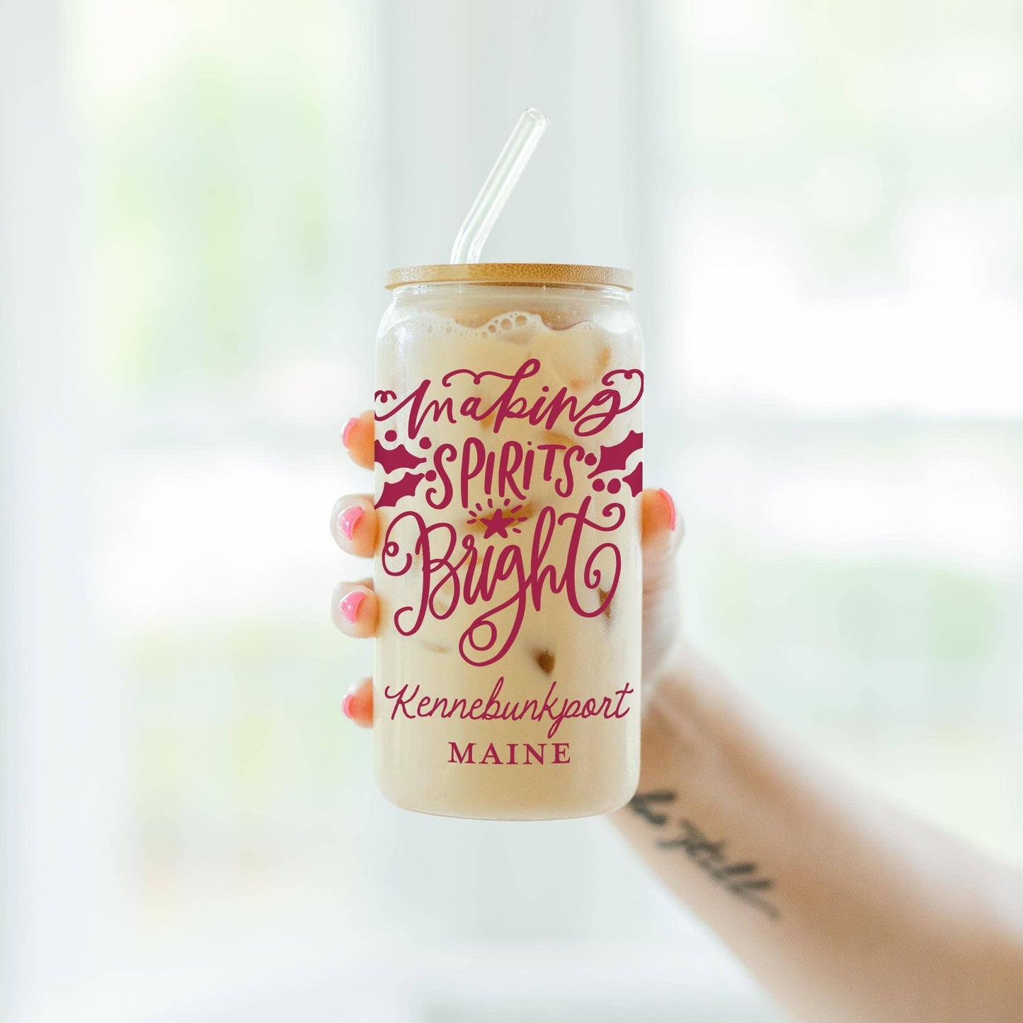 16oz Cold Brew Glass-Love + Local Winterberry